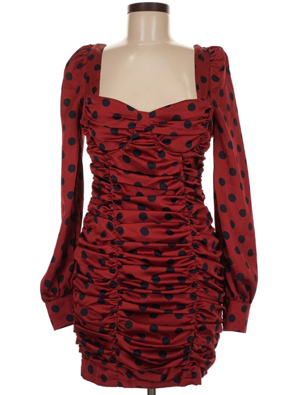 Nasty Gal Red Polka Dot Ruched Bodycon Mini Dress Long Sleeve Size 6 Feminine